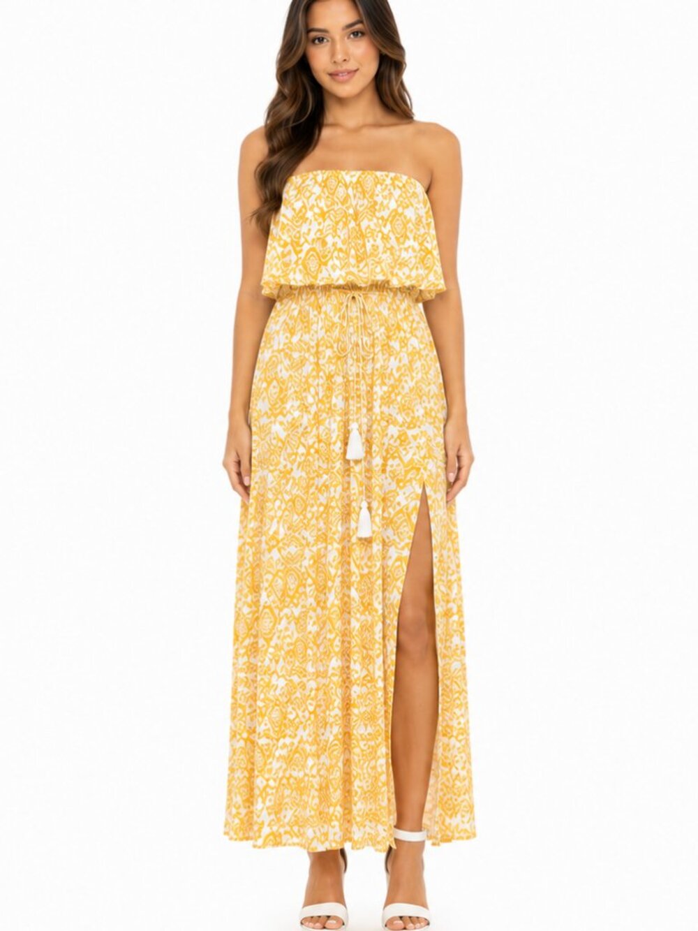 Jypsea Yellow Ikat Strapless Tassel Maxi Dress Small Boho Slit Rayon Summer